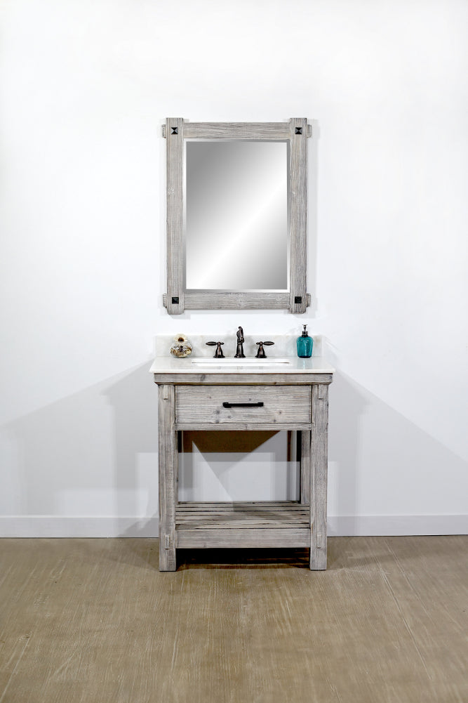 30"RUSTIC SOLID FIR SINGLE SINK VANITY IN GREY DRIFTWOOD WITH ARCTIC PEARL QUARTZ MARBLE TOP-NO FAUCET