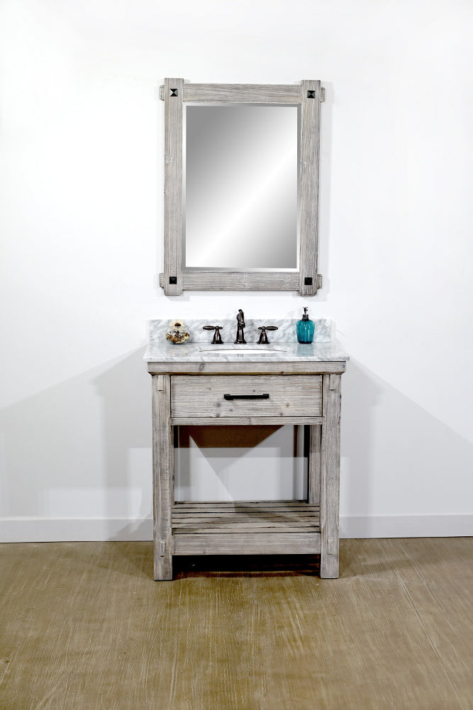 30"RUSTIC SOLID FIR SINGLE SINK VANITY IN GREY DRIFTWOOD WITH CARRARA WHITE MARBLE TOP-NO FAUCET
