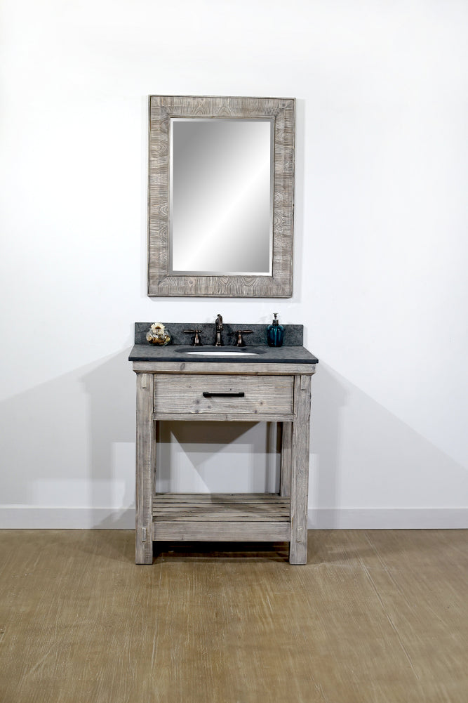 30"RUSTIC SOLID FIR SINGLE SINK VANITY IN GREY DRIFTWOOD WITH POLISHED TEXTURED SURFACE GRANITE TOP-NO FAUCET