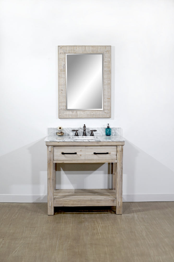36"RUSTIC SOLID FIR SINGLE SINK VANITY WITH CARRARA WHITE MARBLE TOP-NO FAUCET