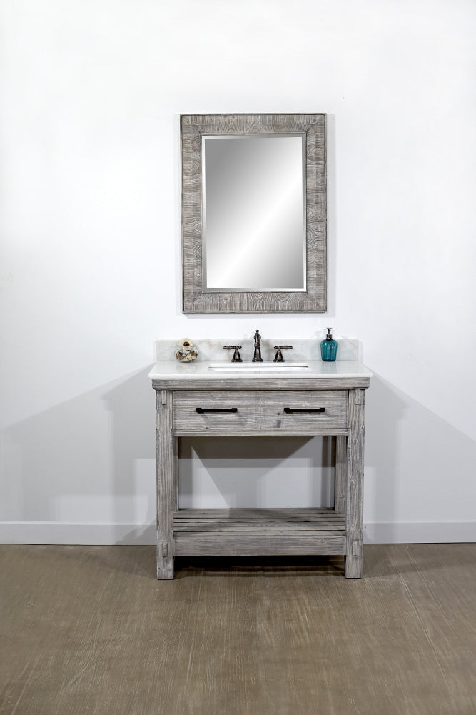36"RUSTIC SOLID FIR SINGLE SINK VANITY IN GREY DRIFTWOOD WITH ARCTIC PEARL QUARTZ MARBLE TOP-NO FAUCET