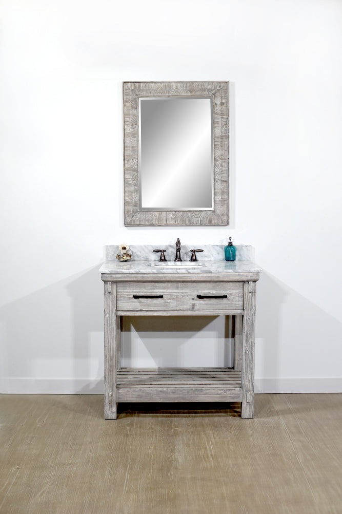 36"RUSTIC SOLID FIR SINGLE SINK VANITY IN GREY DRIFTWOOD WITH CARRARA WHITE MARBLE TOP-NO FAUCET
