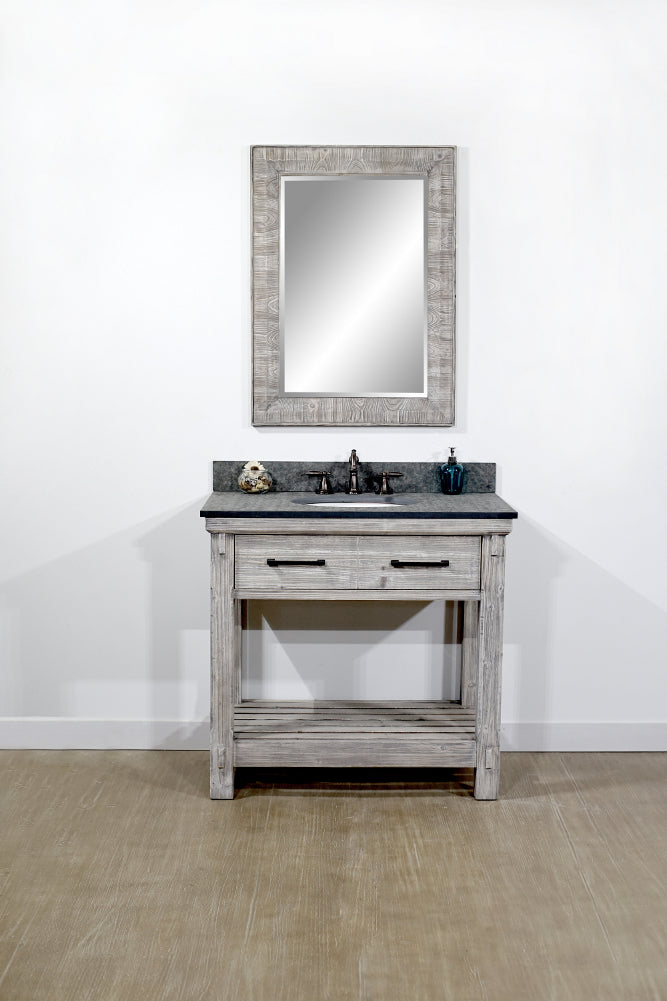 36"RUSTIC SOLID FIR SINGLE SINK VANITY IN GREY DRIFTWOOD WITH POLISHED TEXTURED SURFACE GRANITE TOP-NO FAUCET