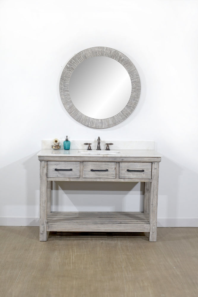 48"RUSTIC SOLID FIR SINGLE SINK VANITY IN GREY DRIFTWOOD WITH ARCTIC PEARL QUARTZ MARBLE TOP-NO FAUCET