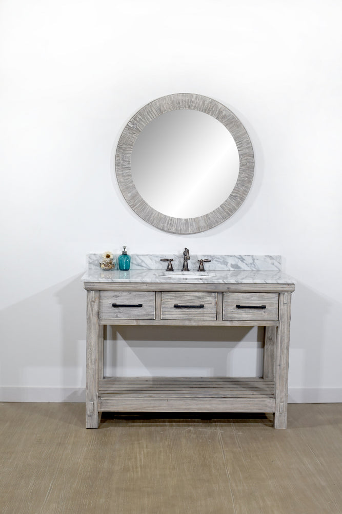 48"RUSTIC SOLID FIR SINGLE SINK VANITY IN GREY DRIFTWOOD WITH CARRARA WHITE MARBLE TOP-NO FAUCET