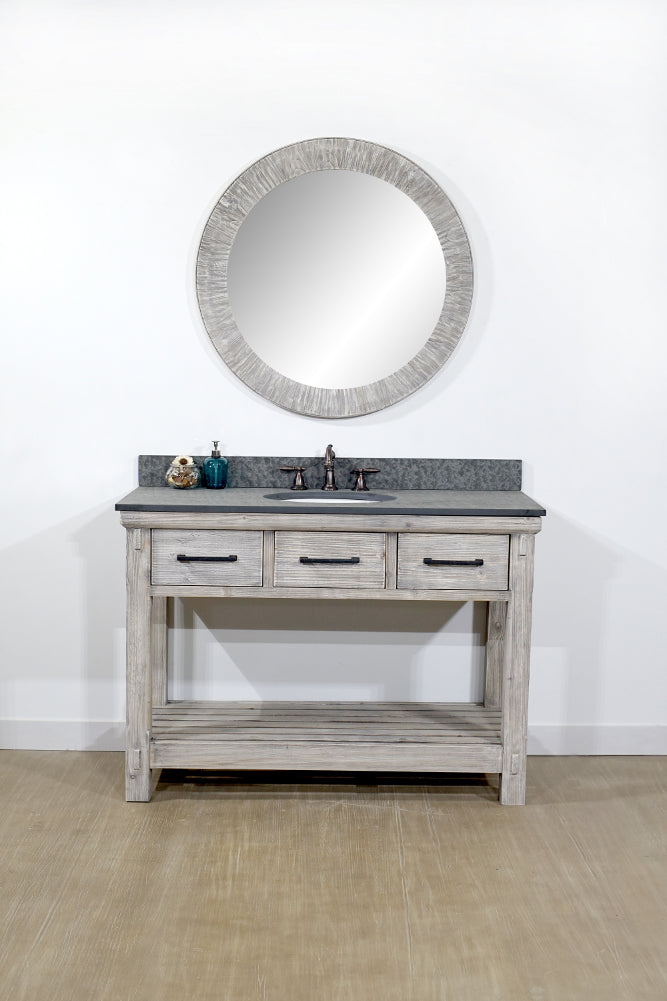 48"RUSTIC SOLID FIR SINGLE SINK VANITY IN GREY DRIFTWOOD WITH POLISHED TEXTURED SURFACE GRANITE TOP-NO FAUCET