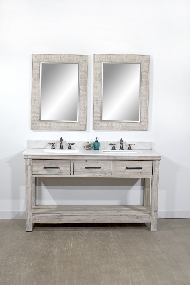 60"RUSTIC SOLID FIR DOUBLE SINK VANITY WITH ARCTIC PEARL QUARTZ MARBLE TOP-NO FAUCET