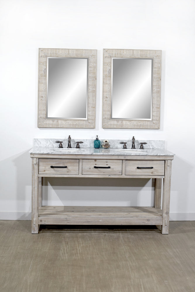 60"RUSTIC SOLID FIR DOUBLE SINK VANITY WITH CARRARA WHITE MARBLE TOP-NO FAUCET
