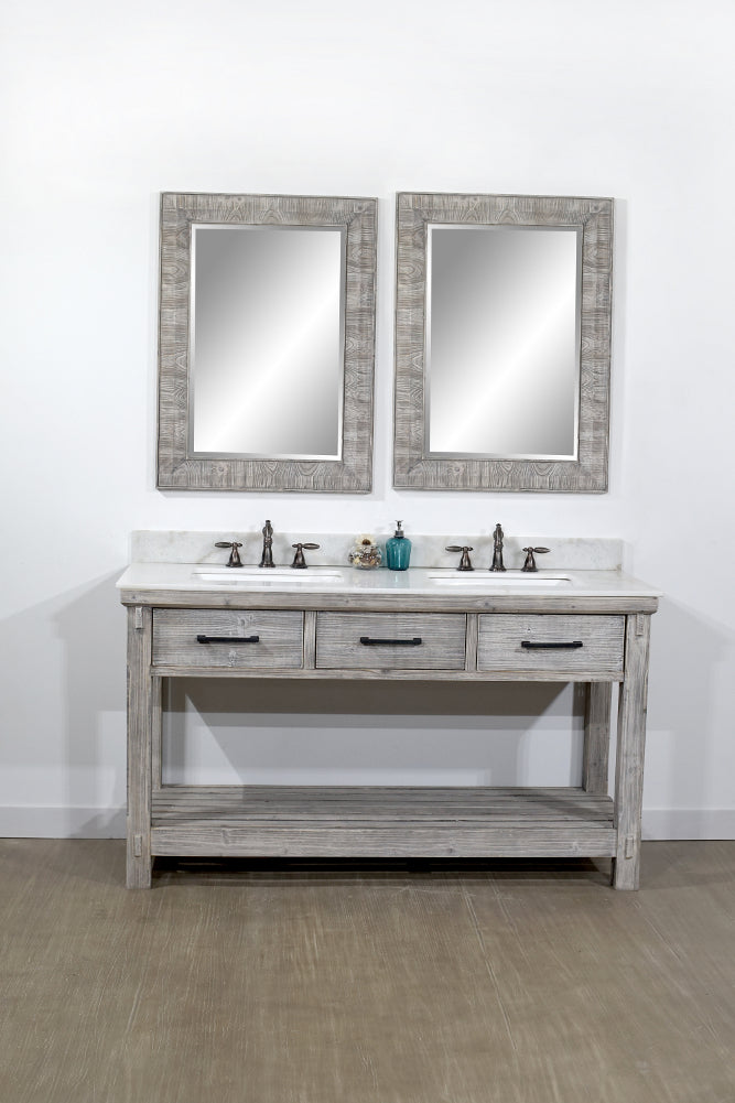 60"RUSTIC SOLID FIR DOUBLE SINK VANITY IN GREY DRIFTWOOD WITH ARCTIC PEARL QUARTZ MARBLE TOP-NO FAUCET