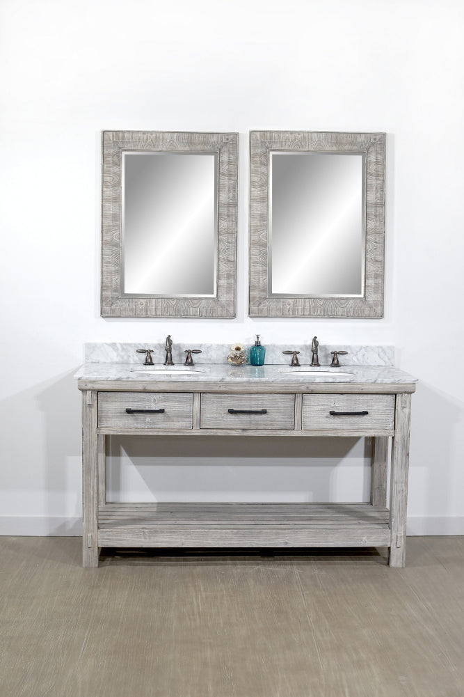 60"RUSTIC SOLID FIR DOUBLE SINK VANITY IN GREY DRIFTWOOD WITH CARRARA WHITE MARBLE TOP-NO FAUCET