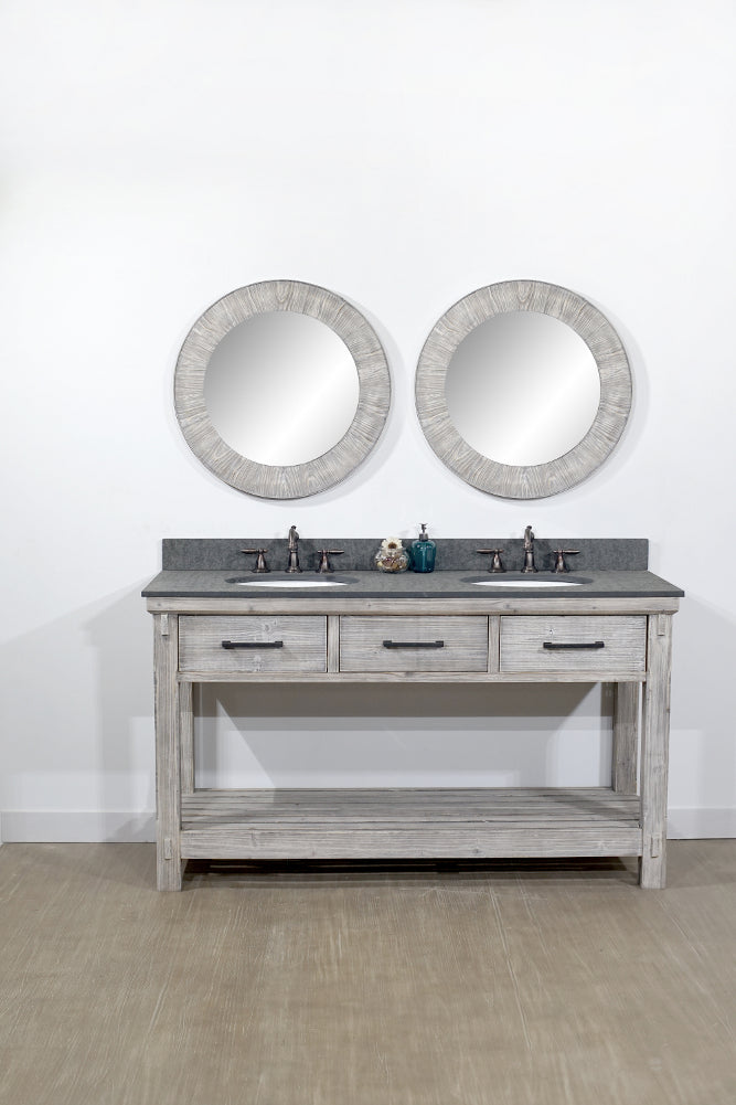 60"RUSTIC SOLID FIR DOUBLE SINK VANITY IN GREY DRIFTWOOD WITH POLISHED TEXTURED SURFACE GRANITE TOP-NO FAUCET