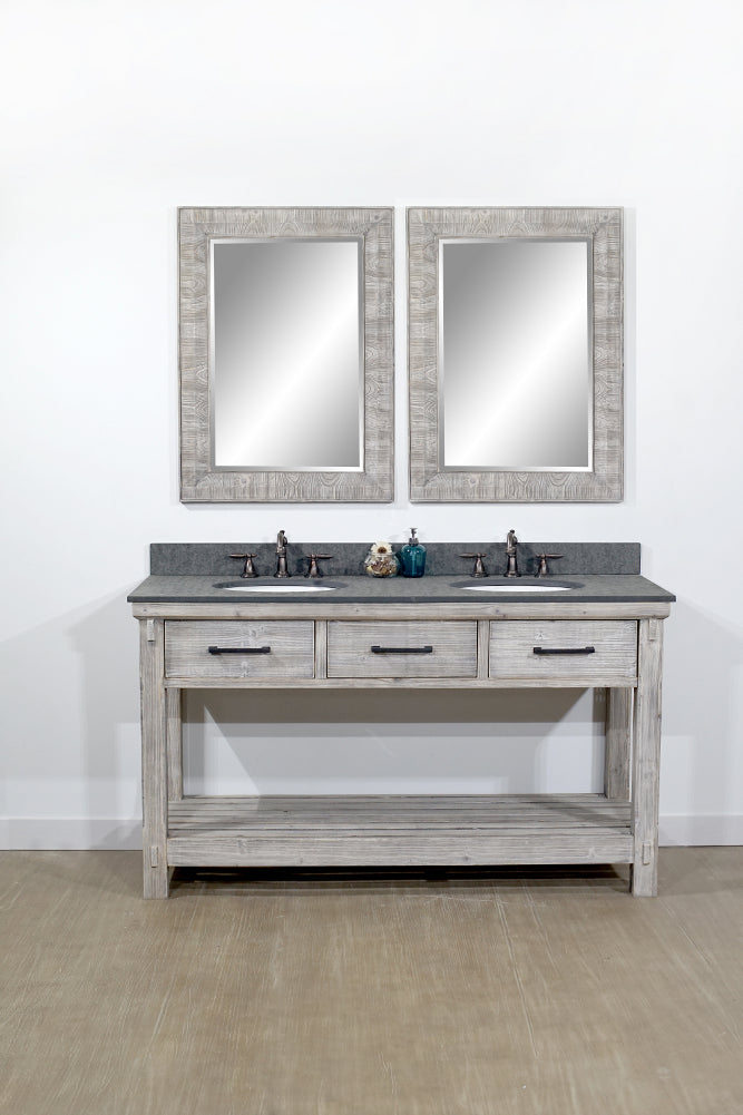 60"RUSTIC SOLID FIR DOUBLE SINK VANITY IN GREY DRIFTWOOD WITH LIMESTONE TOP-NO FAUCET