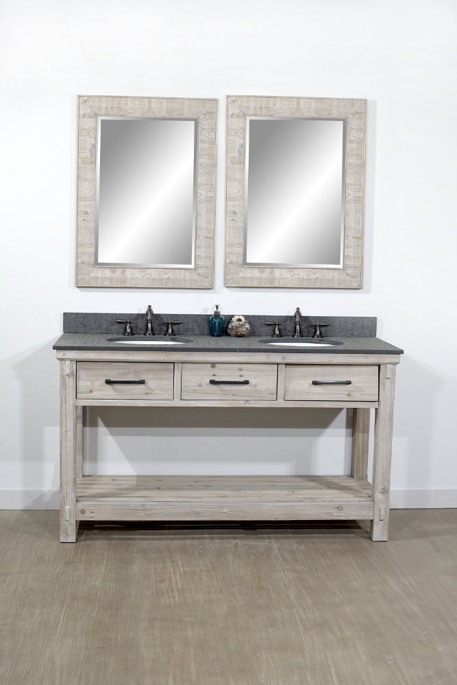 60"RUSTIC SOLID FIR DOUBLE SINK VANITY WITH POLISHED TEXTURED SURFACE GRANITE TOP-NO FAUCET