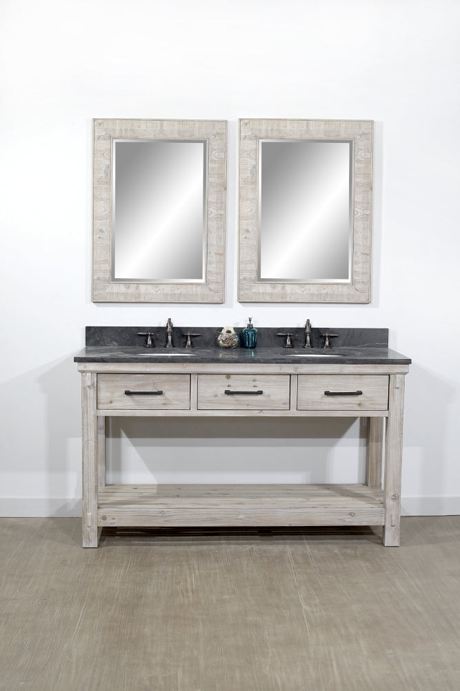 60"RUSTIC SOLID FIR DOUBLE SINK VANITY WITH LIMESTONE TOP-NO FAUCET