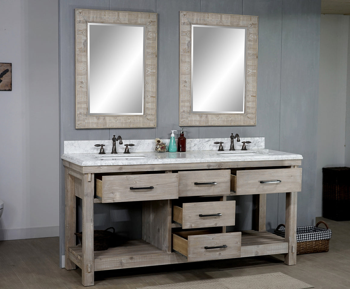 72″RUSTIC SOLID FIR DOUBLE SINK VANITY WITH RECTANGULAR SINK AND CARRARA WHITE MARBLE TOP BEVELED EDGE-NO FAUCET