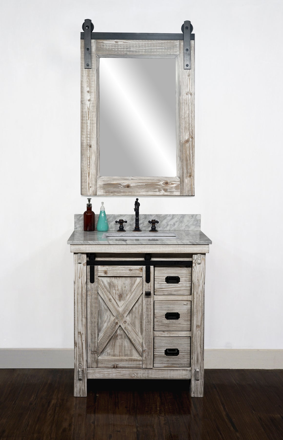 30"RUSTIC SOLID FIR BARN DOOR STYLE SINGLE SINK VANITY IN WHITE WASH WITH CARRARA WHITE MARBLE TOP WITH RECTANGULAR SINK-NO FAUCET