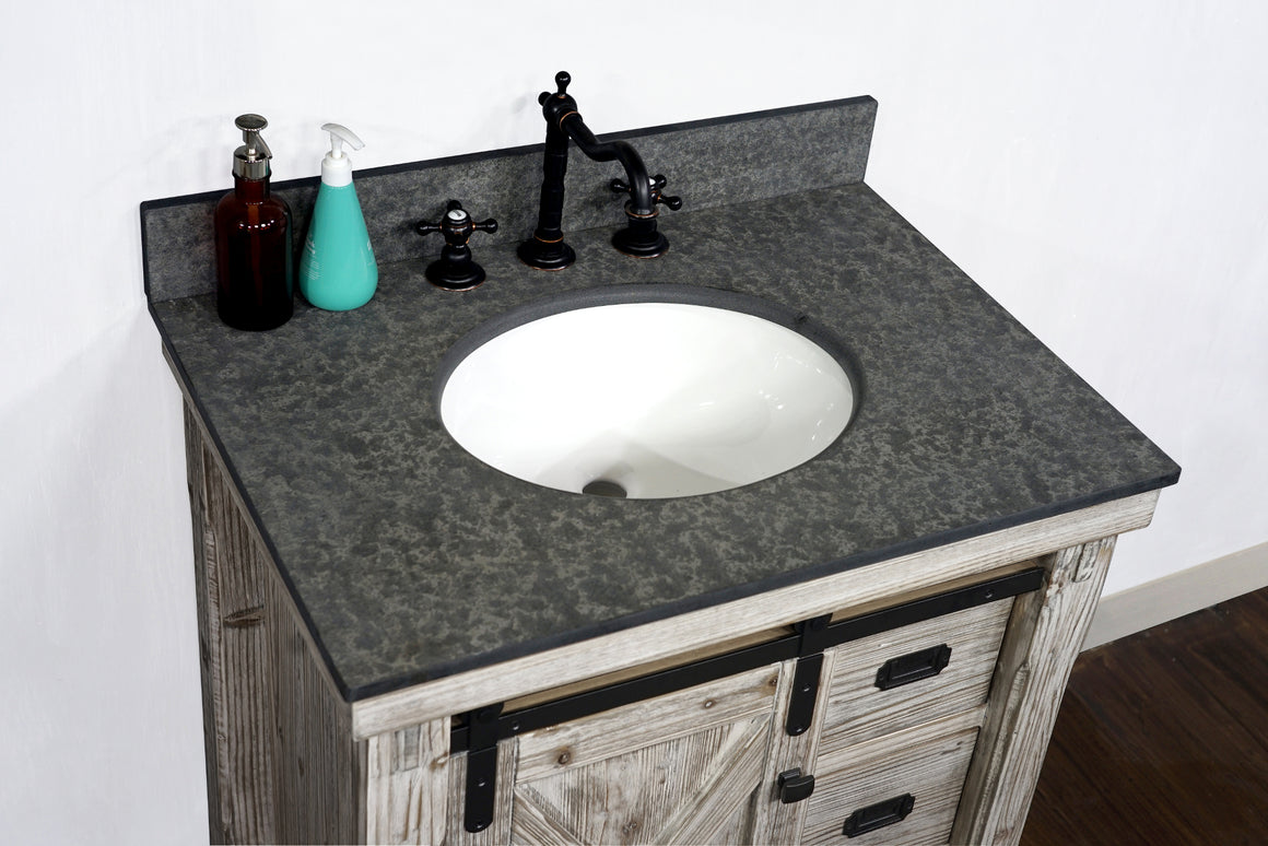 30"RUSTIC SOLID FIR BARN DOOR STYLE SINGLE SINK VANITY IN WHITE WASH WITH RUSTIC STYLE POLISHED TEXTURED SURFACE GRANITE TOP IN MATTE GREY-NO FAUCET