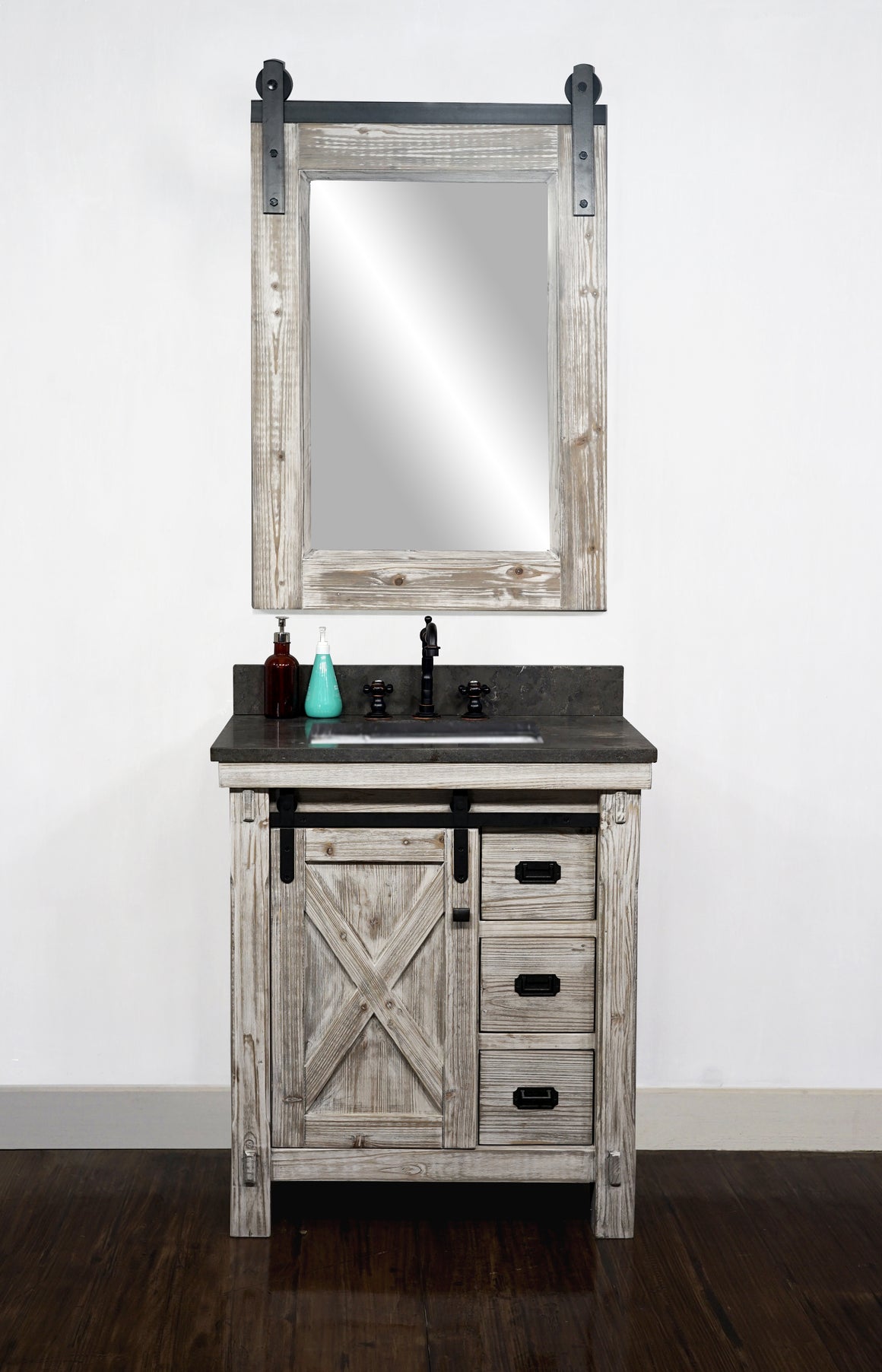 30"RUSTIC SOLID FIR BARN DOOR STYLE SINGLE SINK VANITY IN WHITE WASH WITH LIMESTONE TOP WITH RECTANGULAR SINK-NO FAUCET