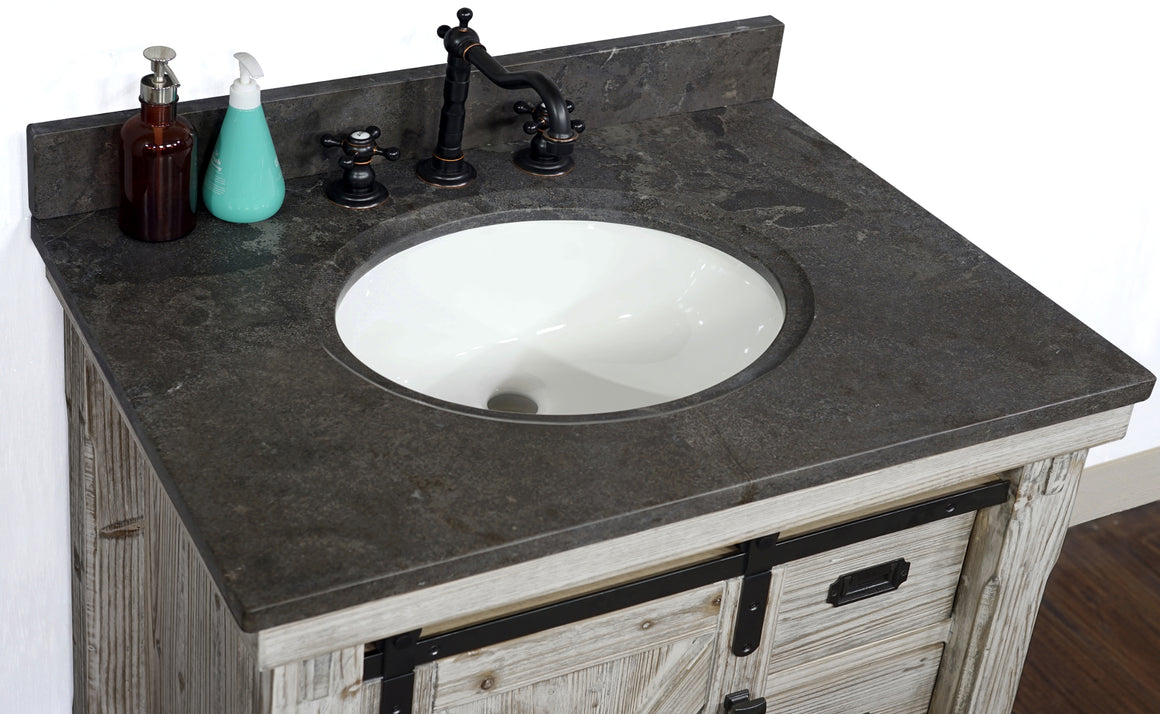 30"RUSTIC SOLID FIR BARN DOOR STYLE SINGLE SINK VANITY IN WHITE WASH WITH  LIMESTONE TOP(OVAL SINK)-NO FAUCET
