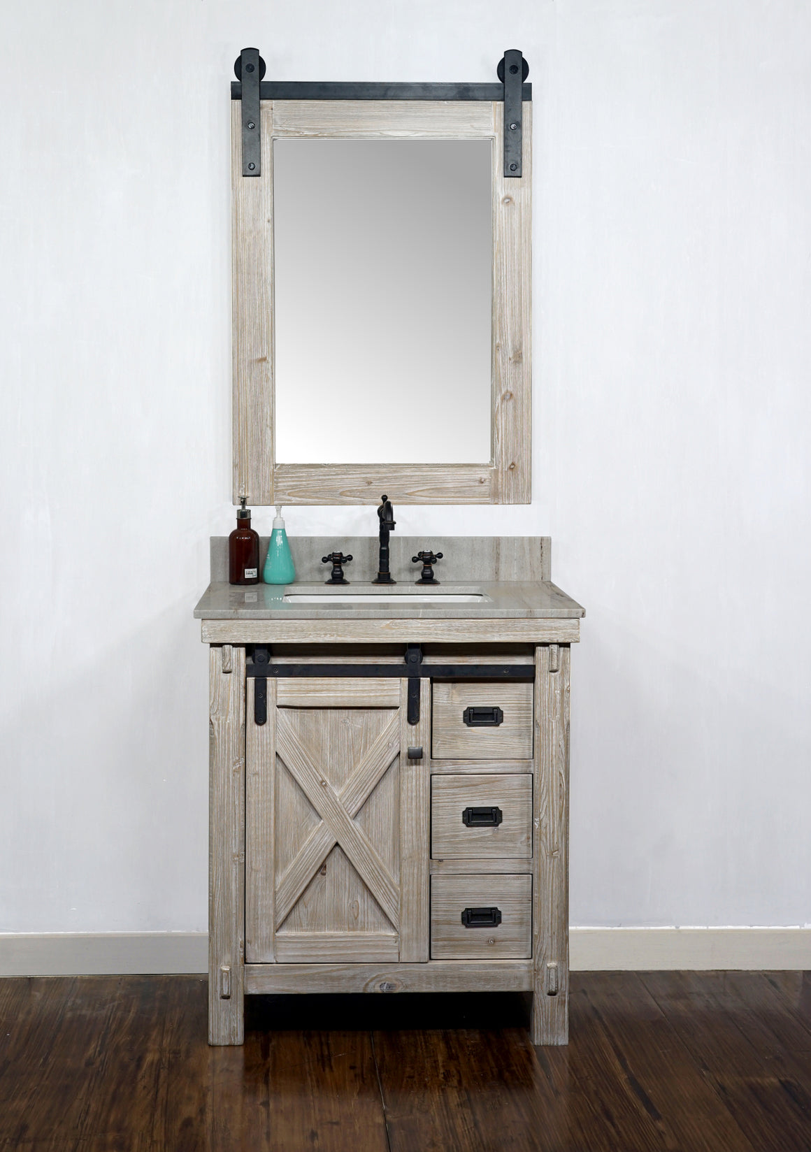 30"RUSTIC SOLID FIR BARN DOOR STYLE SINGLE SINK VANITY WITH COASTAL SANDS MARBLE TOP WITH RECTANGULAR SINK-NO FAUCET