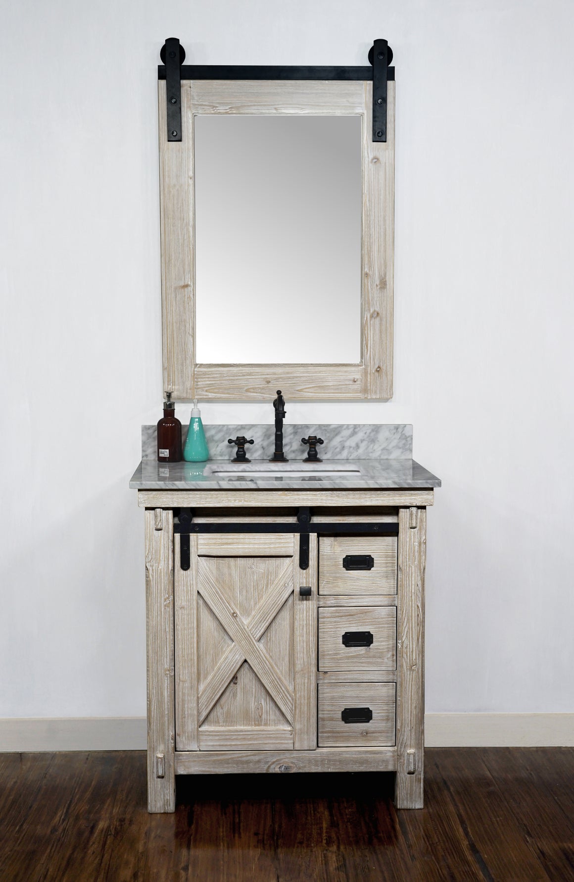 30"RUSTIC SOLID FIR BARN DOOR STYLE SINGLE SINK VANITY WITH CARRARA WHITE MARBLE TOP WITH RECTANGULAR SINK-NO FAUCET