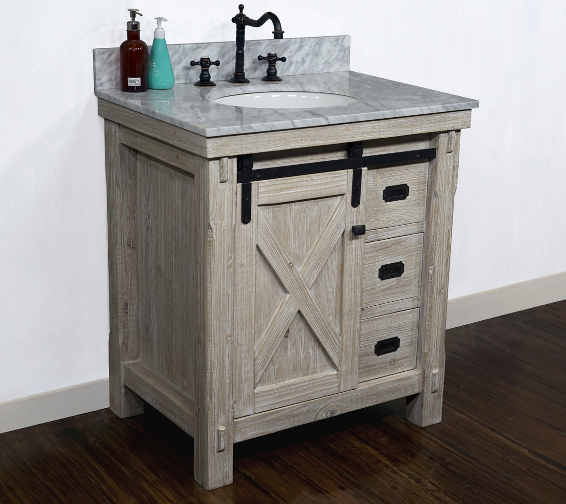 30"RUSTIC SOLID FIR BARN DOOR STYLE SINGLE SINK VANITY WITH CARRARA WHITE MARBLE TOP-NO FAUCET