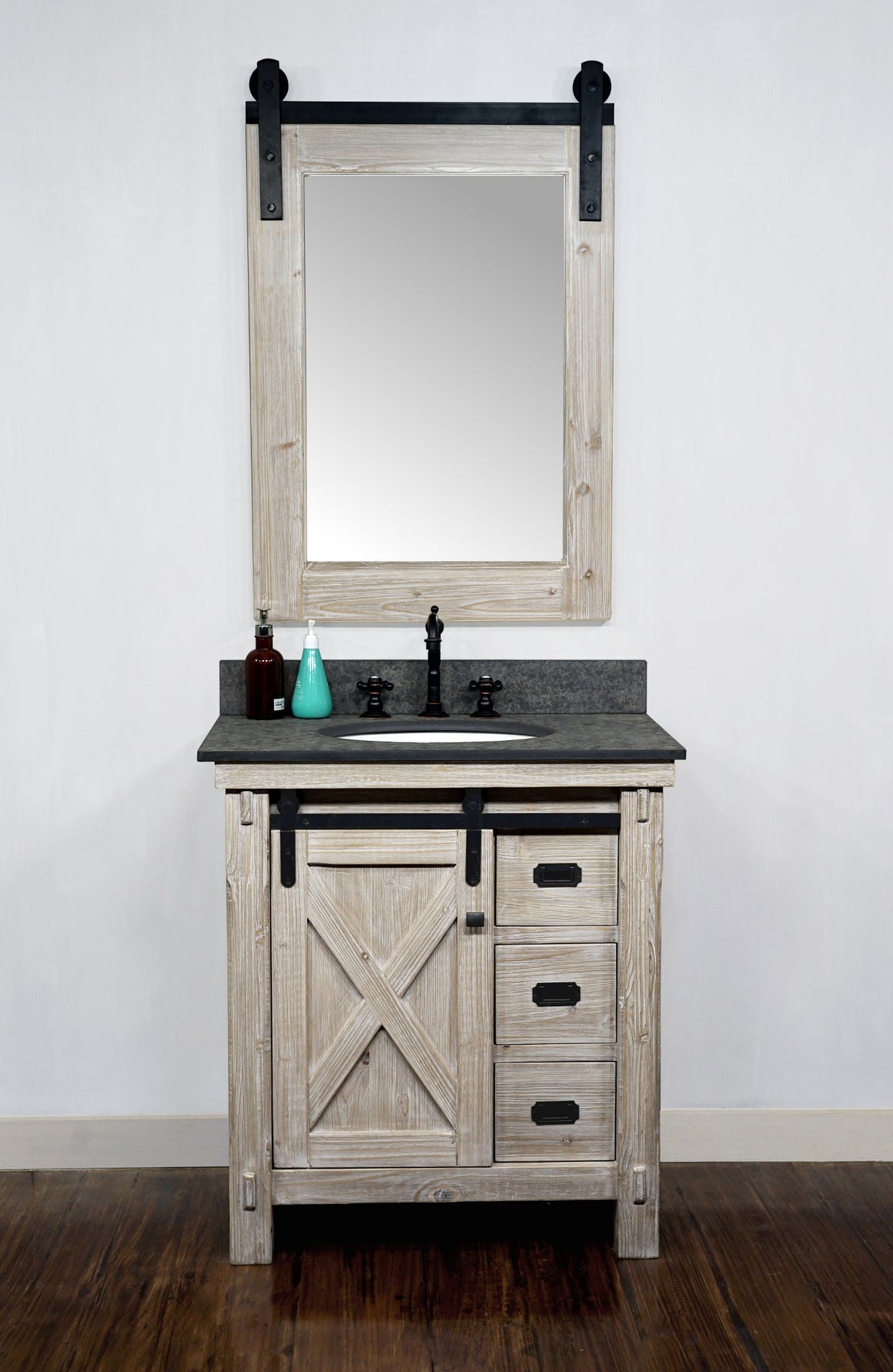 30"RUSTIC SOLID FIR BARN DOOR STYLE SINGLE SINK VANITY WITH RUSTIC STYLE POLISHED TEXTURED SURFACE GRANITE TOP IN MATTE GREY-NO FAUCET