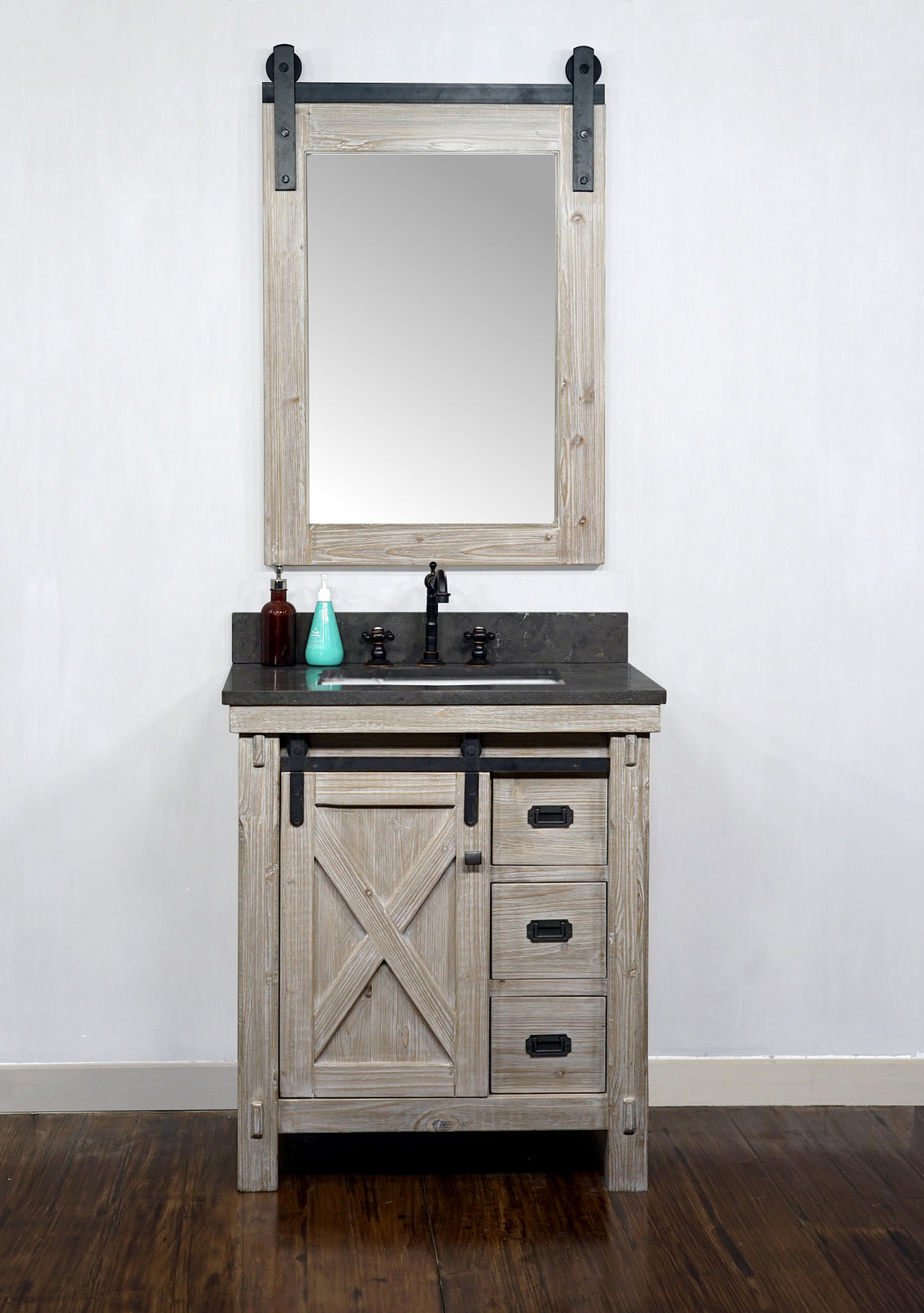 30"RUSTIC SOLID FIR BARN DOOR STYLE SINGLE SINK VANITY WITH LIMESTONE TOP WITH RECTANGULAR SINK-NO FAUCET