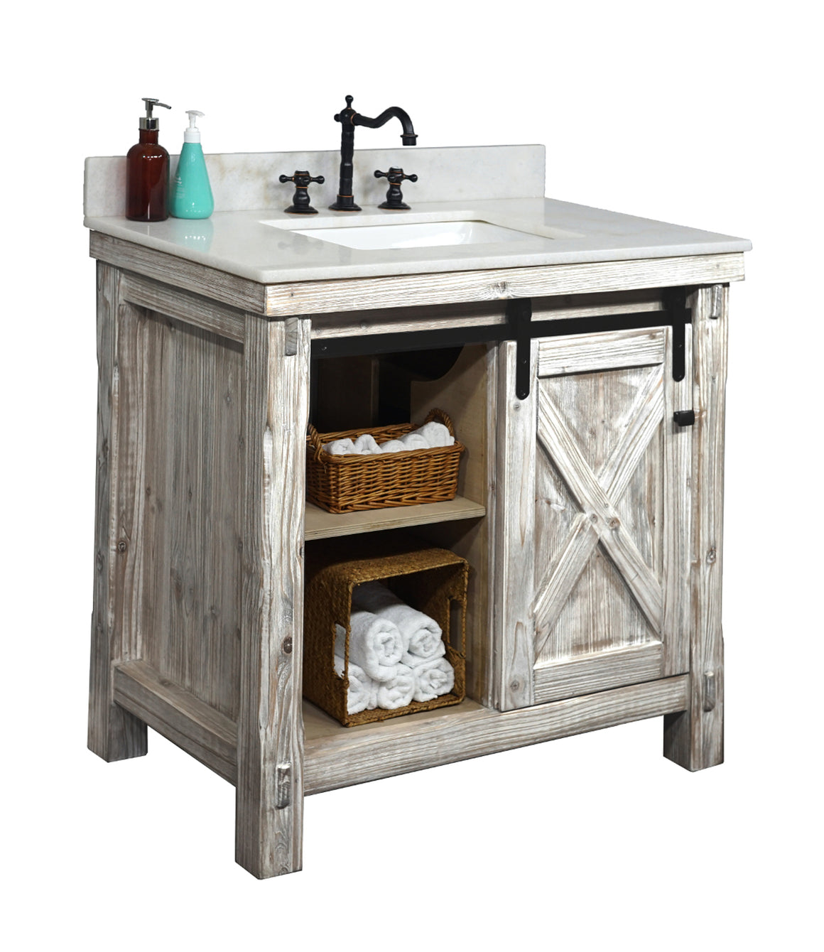 36"RUSTIC SOLID FIR BARN DOOR STYLE SINGLE SINK VANITY IN WHITE WASH WITH ARCTIC PEARL  QUARTZ MARBLE TOP-NO FAUCET