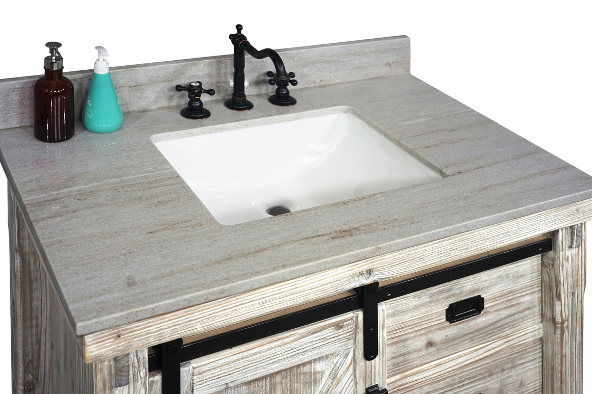 36"RUSTIC SOLID FIR BARN DOOR STYLE SINGLE SINK VANITY IN WHITE WASH WITH COASTAL SANDS MARBLE TOP WITH RECTANGULAR SINK-NO FAUCET