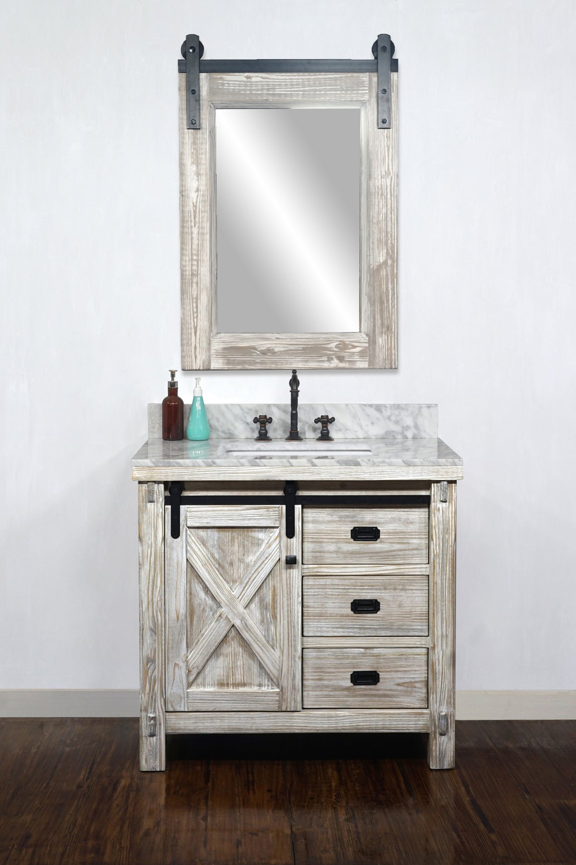 36"RUSTIC SOLID FIR BARN DOOR STYLE SINGLE SINK VANITY IN WHITE WASH WITH CARRARA WHITE MARBLE TOP WITH RECTANGULAR SINK-NO FAUCET