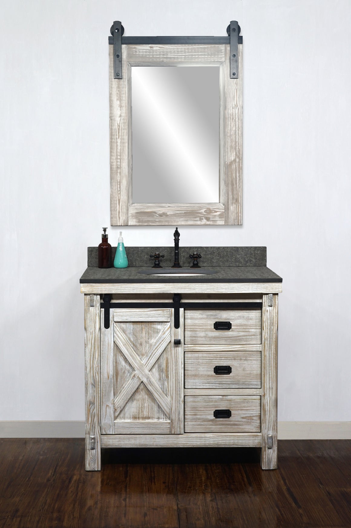 36"RUSTIC SOLID FIR BARN DOOR STYLE SINGLE SINK VANITY IN WHITE WASH WITH RUSTIC STYLE POLISHED TEXTURED SURFACE GRANITE TOP IN MATTE GREY-NO FAUCET