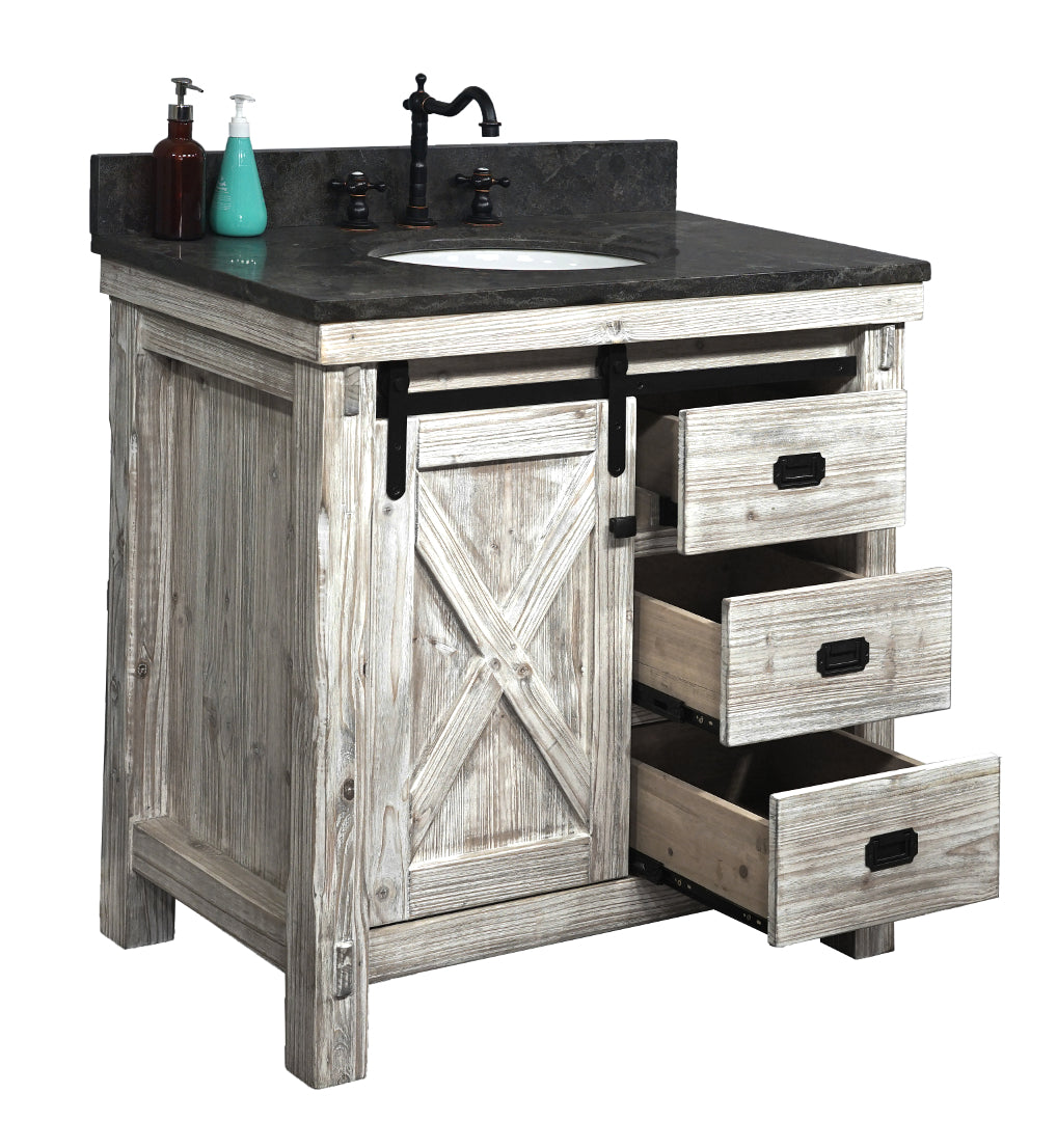 36"RUSTIC SOLID FIR BARN DOOR STYLE SINGLE SINK VANITY IN WHITE WASH WITH  LIMESTONE TOP(OVAL SINK)-NO FAUCET