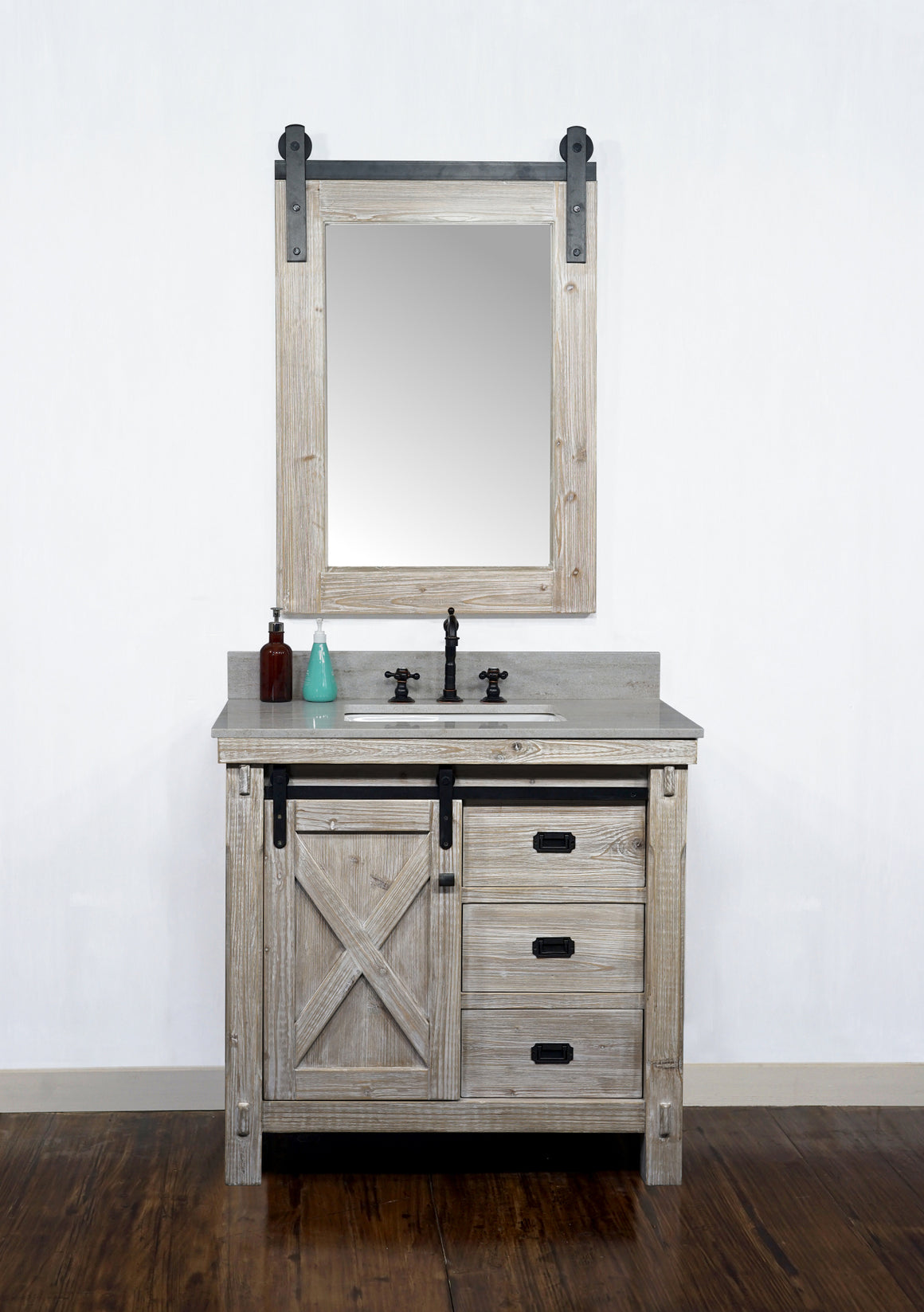 36"RUSTIC SOLID FIR BARN DOOR STYLE SINGLE SINK VANITY WITH COASTAL SANDS MARBLE TOP WITH RECTANGULAR SINK-NO FAUCET