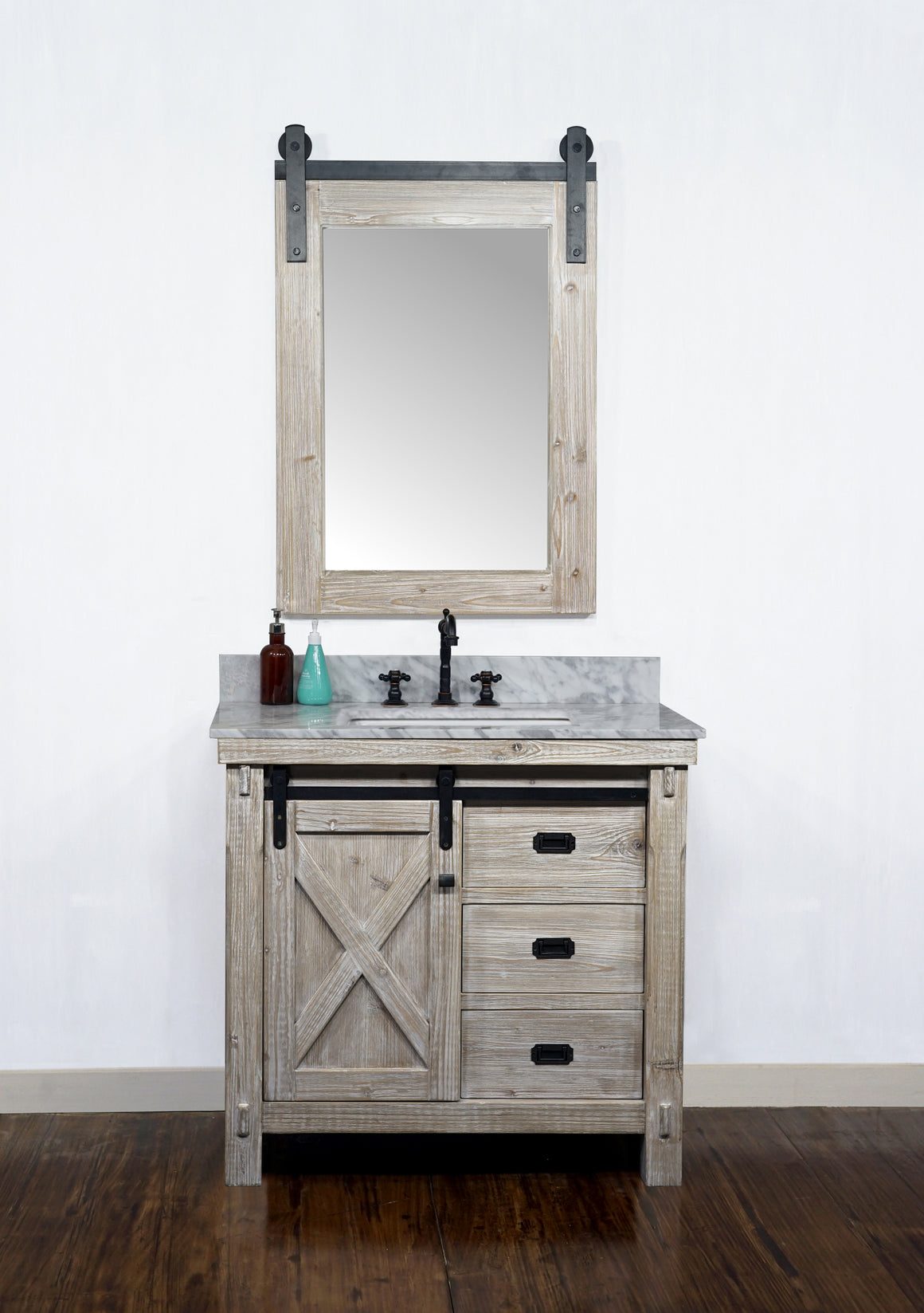 36"RUSTIC SOLID FIR BARN DOOR STYLE SINGLE SINK VANITY WITH CARRARA WHITE MARBLE TOP WITH RECTANGULAR SINK-NO FAUCET