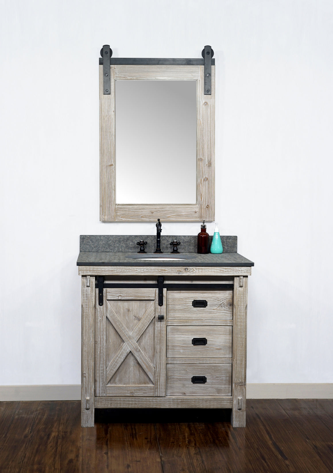 36"RUSTIC SOLID FIR BARN DOOR STYLE SINGLE SINK VANITY WITH RUSTIC STYLE POLISHED TEXTURED SURFACE GRANITE TOP IN MATTE GREY-NO FAUCET