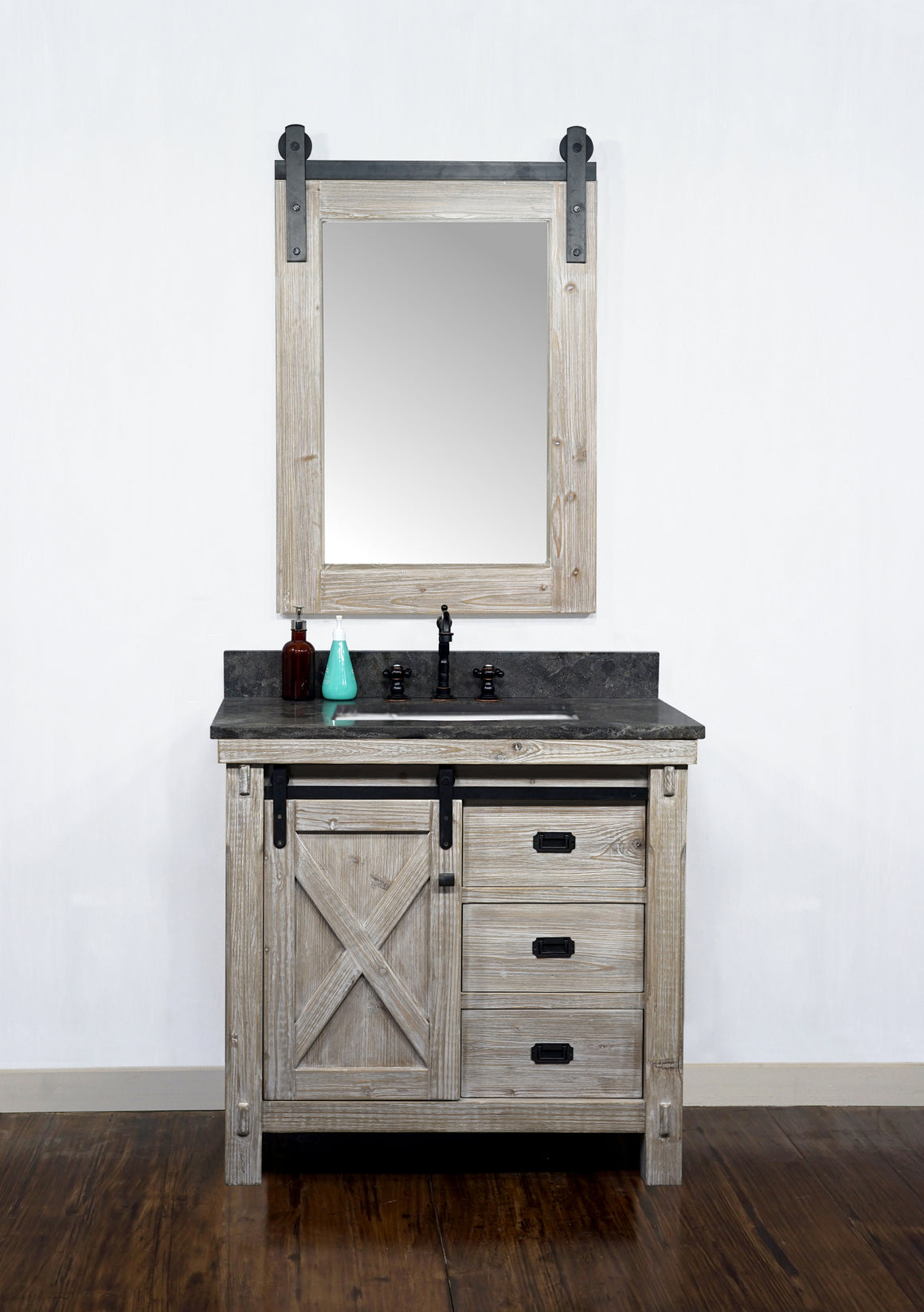 36"RUSTIC SOLID FIR BARN DOOR STYLE SINGLE SINK VANITY WITH LIMESTONE TOP WITH RECTANGULAR SINK-NO FAUCET