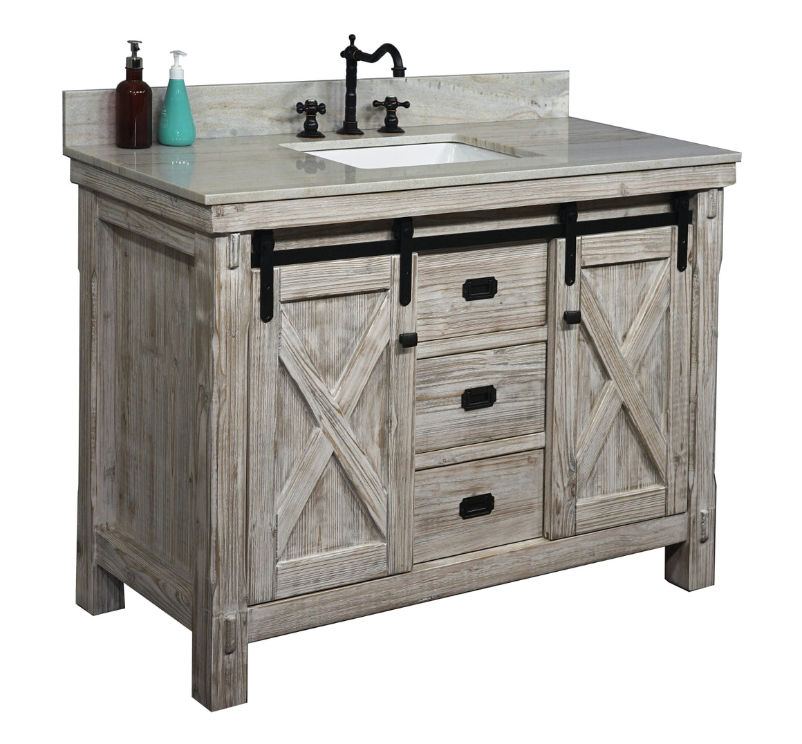 48"RUSTIC SOLID FIR BARN DOOR STYLE SINGLE SINK VANITY IN WHITE WASH WITH COASTAL SANDS MARBLE TOP WITH RECTANGULAR SINK-NO FAUCET