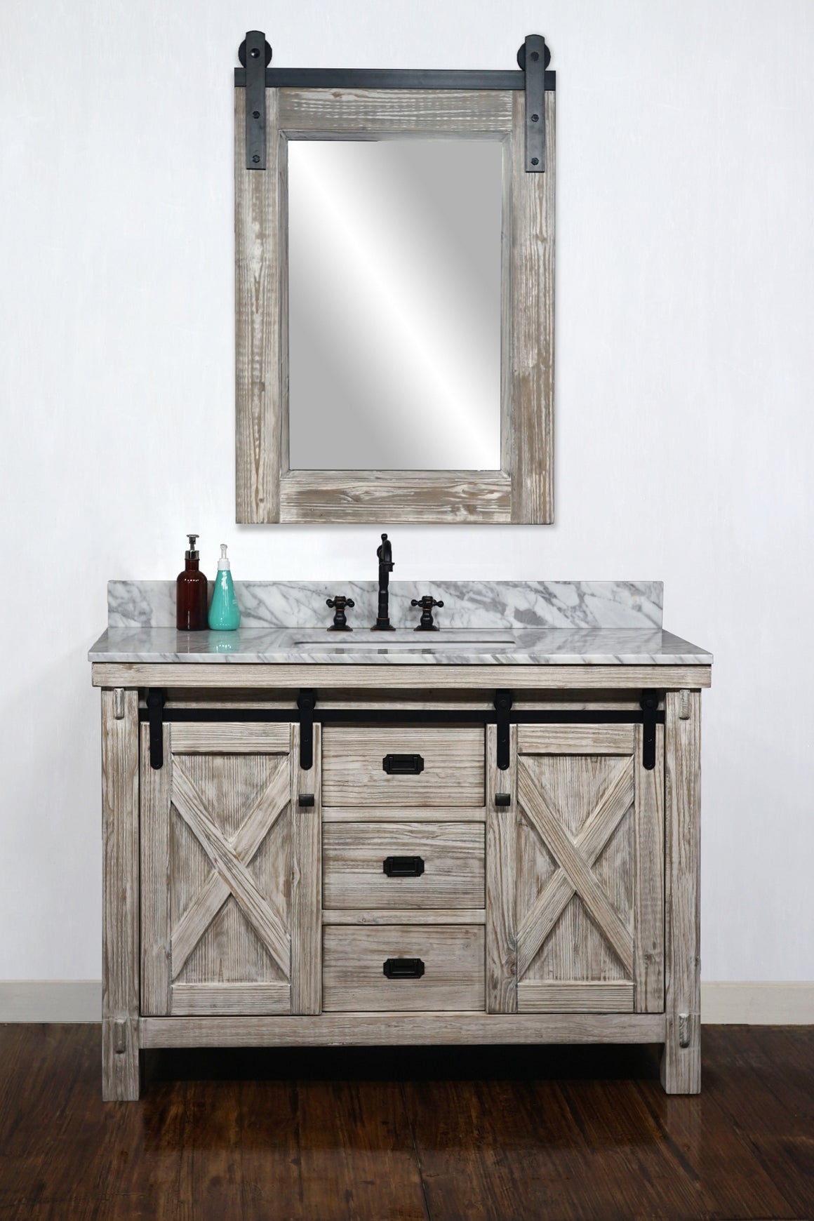 48"RUSTIC SOLID FIR BARN DOOR STYLE SINGLE SINK VANITY IN WHITE WASH WITH CARRARA WHITE MARBLE TOP WITH RECTANGULAR SINK-NO FAUCET