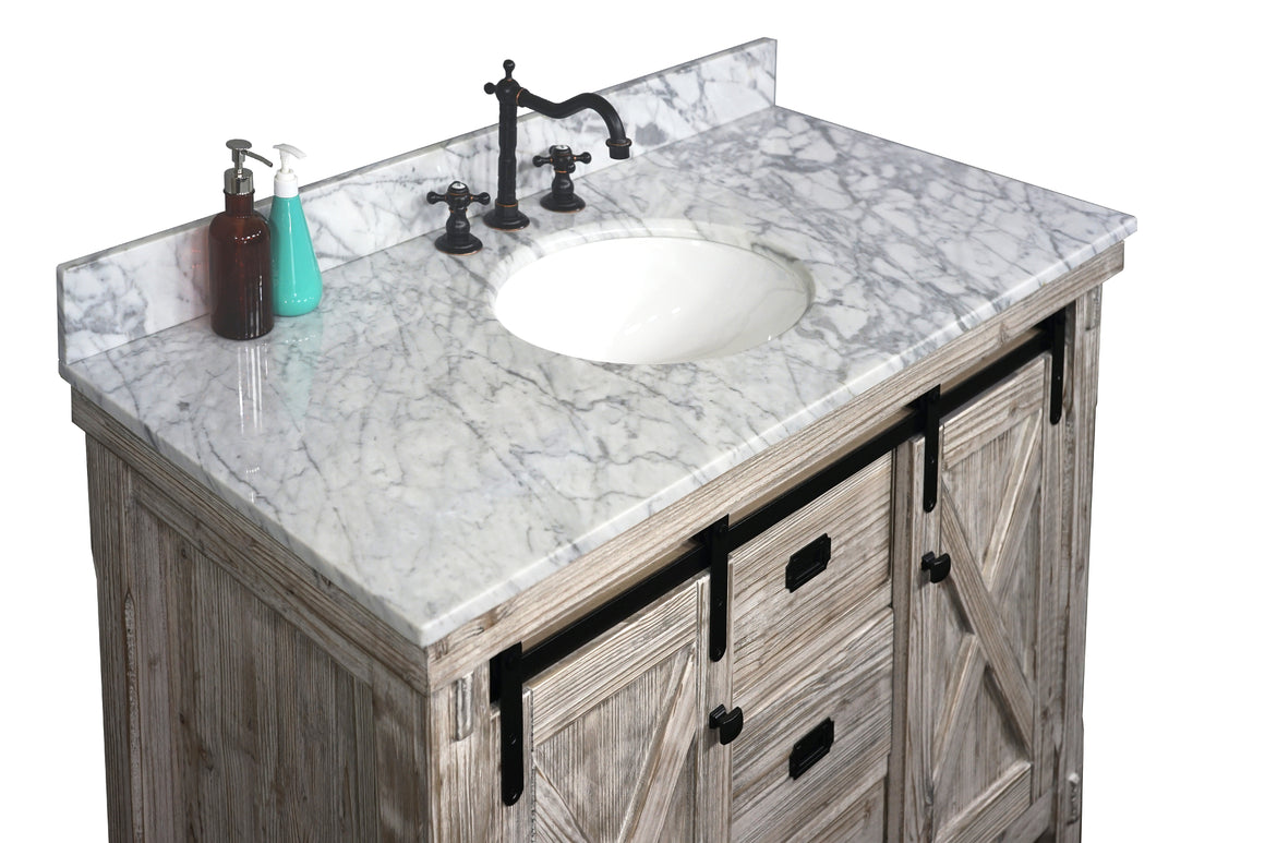 48"RUSTIC SOLID FIR BARN DOOR STYLE SINGLE SINK VANITY IN WHITE WASH WITH CARRARA WHITE MARBLE TOP-NO FAUCET