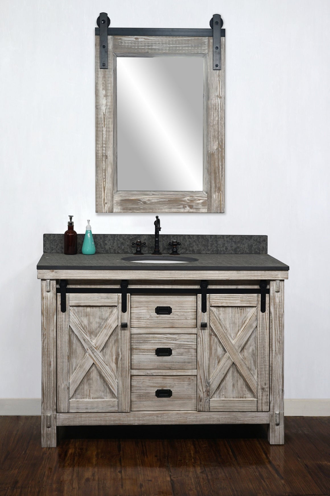 48"RUSTIC SOLID FIR BARN DOOR STYLE SINGLE SINK VANITY IN WHITE WASH WITH RUSTIC STYLE POLISHED TEXTURED SURFACE GRANITE TOP IN MATTE GREY-NO FAUCET