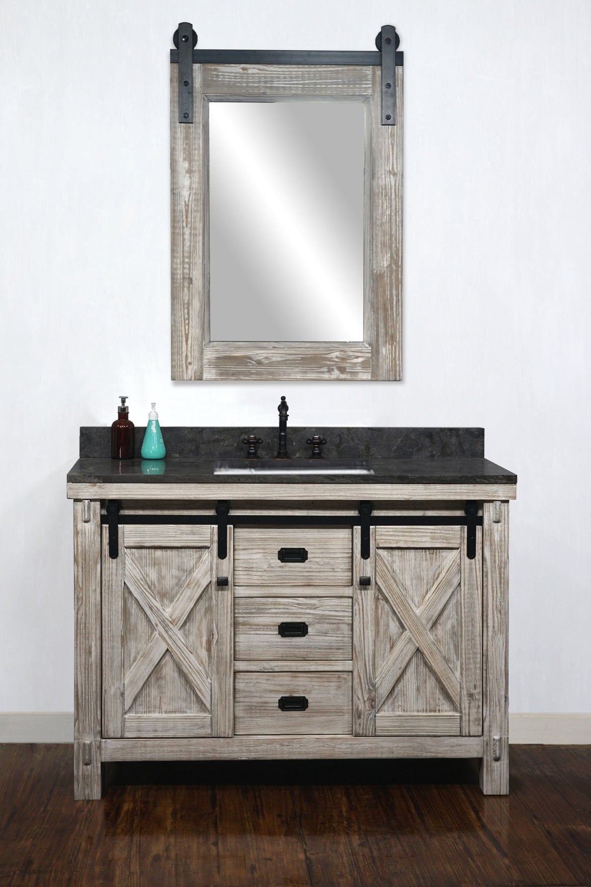 48"RUSTIC SOLID FIR BARN DOOR STYLE SINGLE SINK VANITY IN WHITE WASH WITH LIMESTONE TOP WITH RECTANGULAR SINK-NO FAUCET