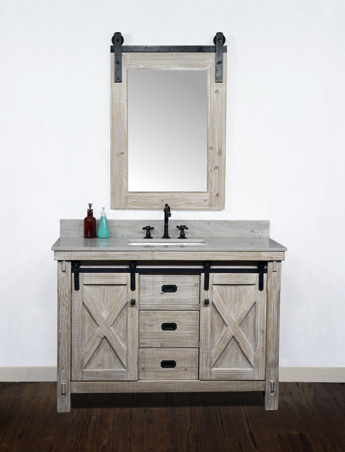 48"RUSTIC SOLID FIR BARN DOOR STYLE SINGLE SINK VANITY WITH COASTAL SANDS MARBLE TOP WITH RECTANGULAR SINK-NO FAUCET