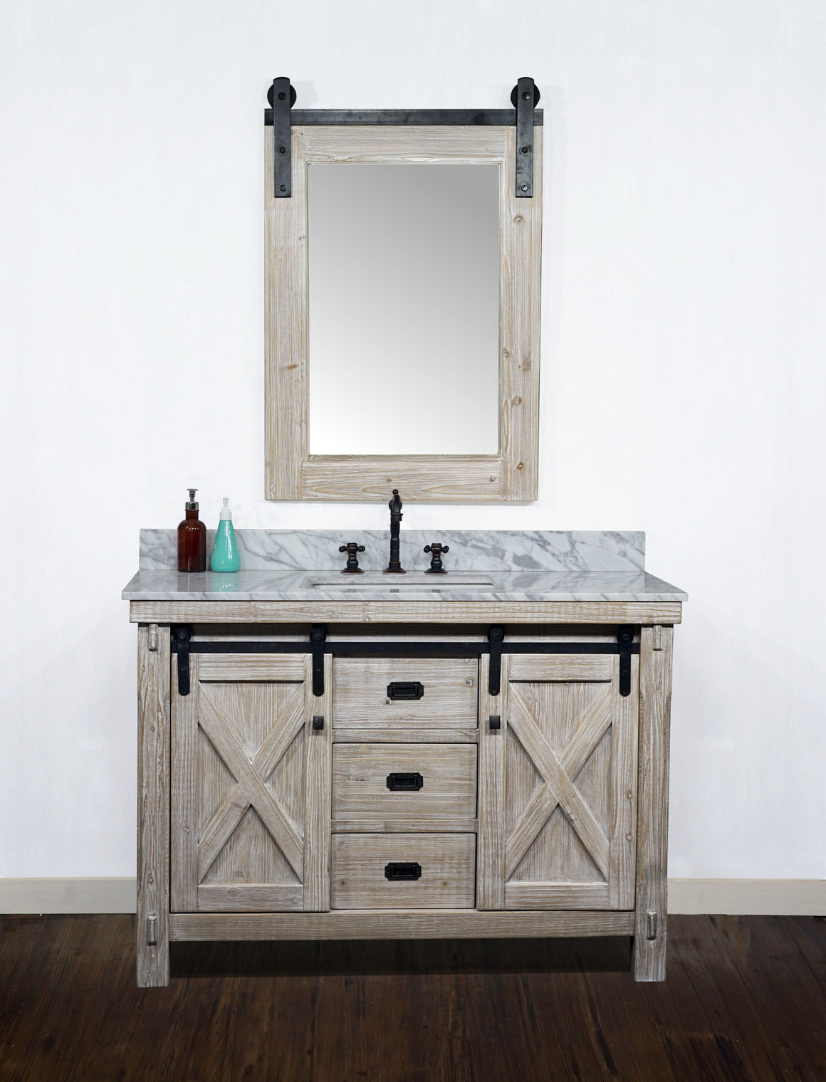 48"RUSTIC SOLID FIR BARN DOOR STYLE SINGLE SINK VANITY WITH CARRARA WHITE MARBLE TOP WITH RECTANGULAR SINK-NO FAUCET