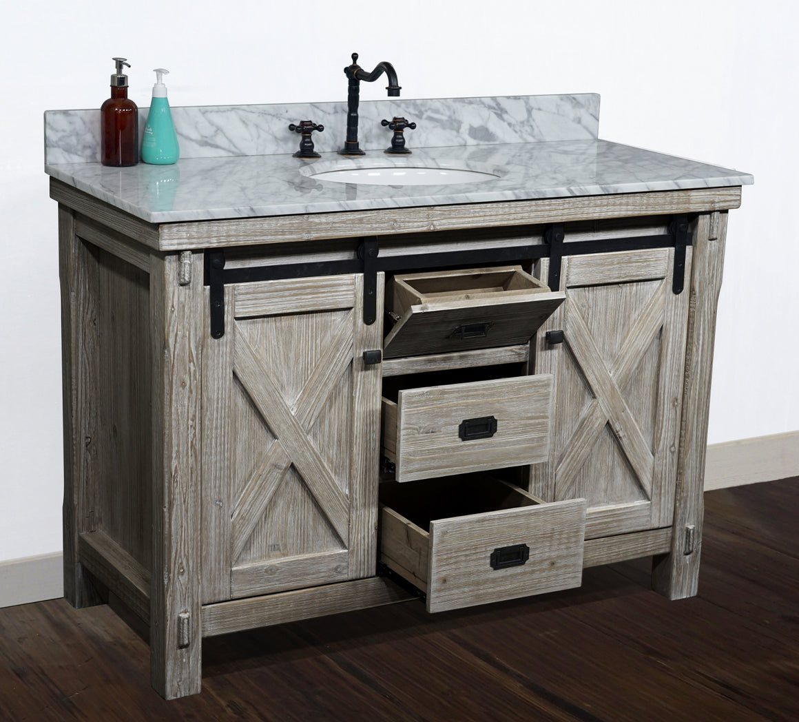 48"RUSTIC SOLID FIR BARN DOOR STYLE SINGLE SINK VANITY WITH CARRARA WHITE MARBLE TOP-NO FAUCET