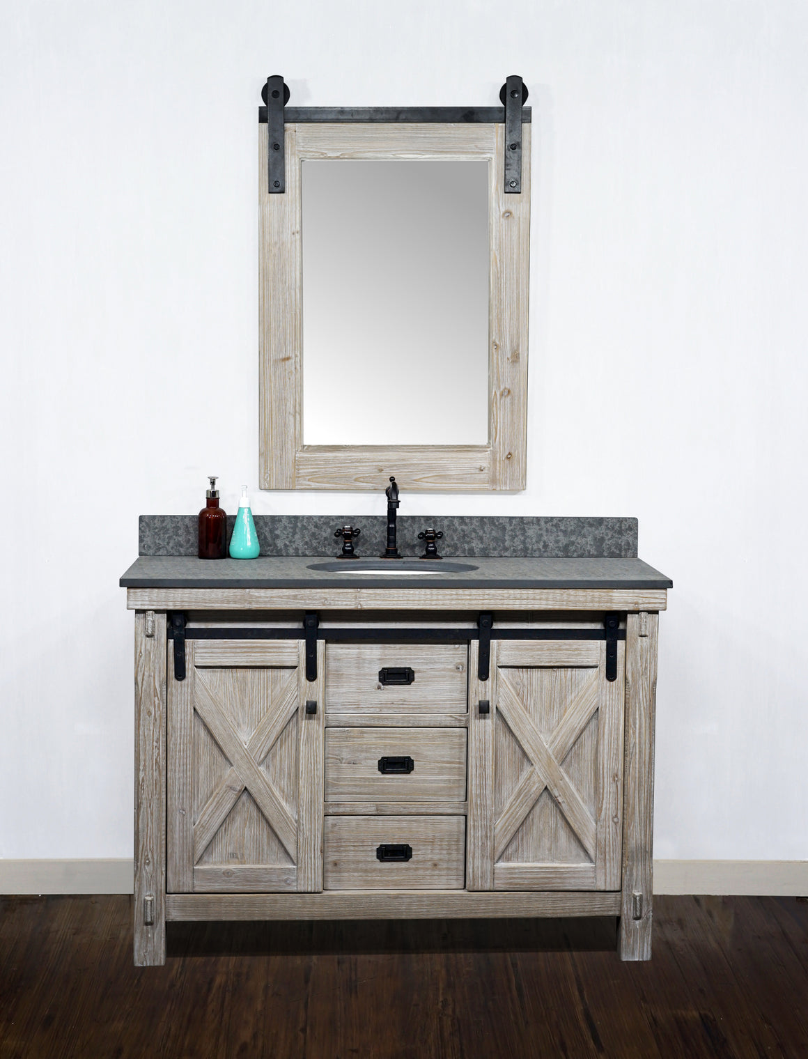 48"RUSTIC SOLID FIR BARN DOOR STYLE SINGLE SINK VANITY WITH RUSTIC STYLE POLISHED TEXTURED SURFACE GRANITE TOP IN MATTE GREY-NO FAUCET