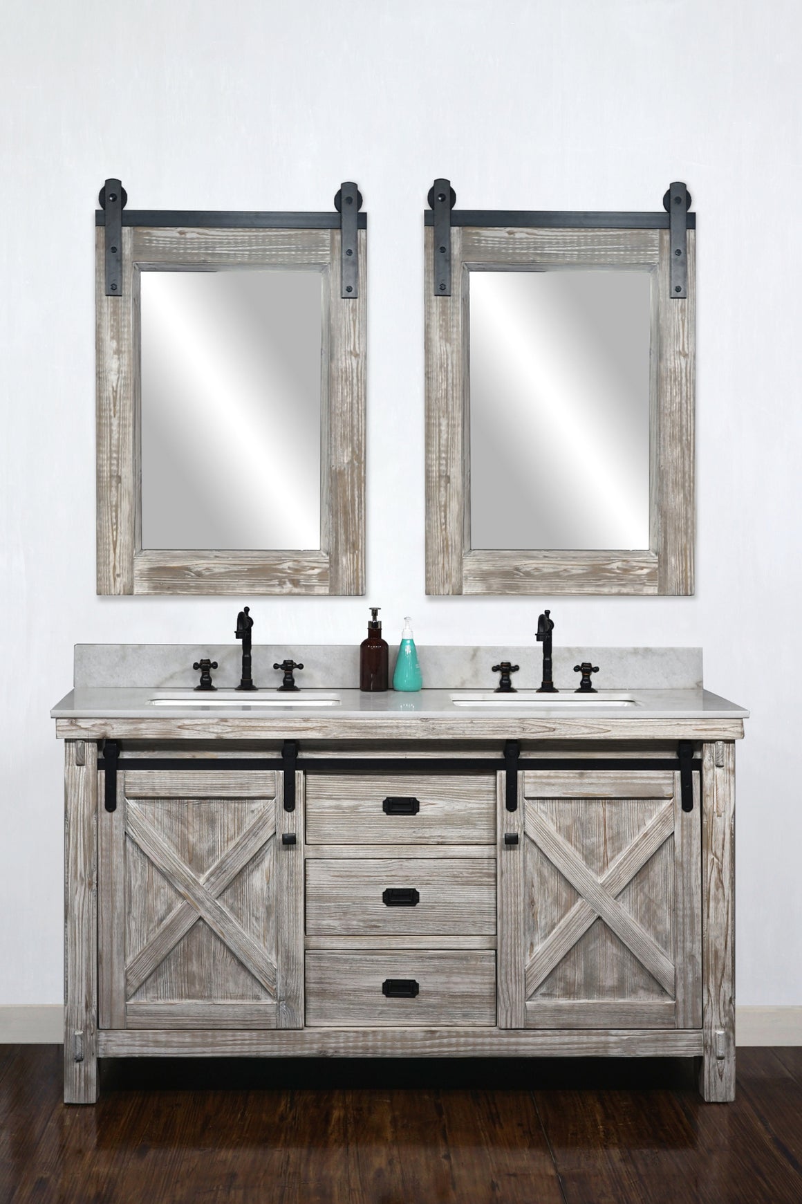 60"RUSTIC SOLID FIR BARN DOOR STYLE DOUBLE SINKS VANITY IN WHITE WASH WITH ARCTIC PEARL  QUARTZ MARBLE TOP-NO FAUCET