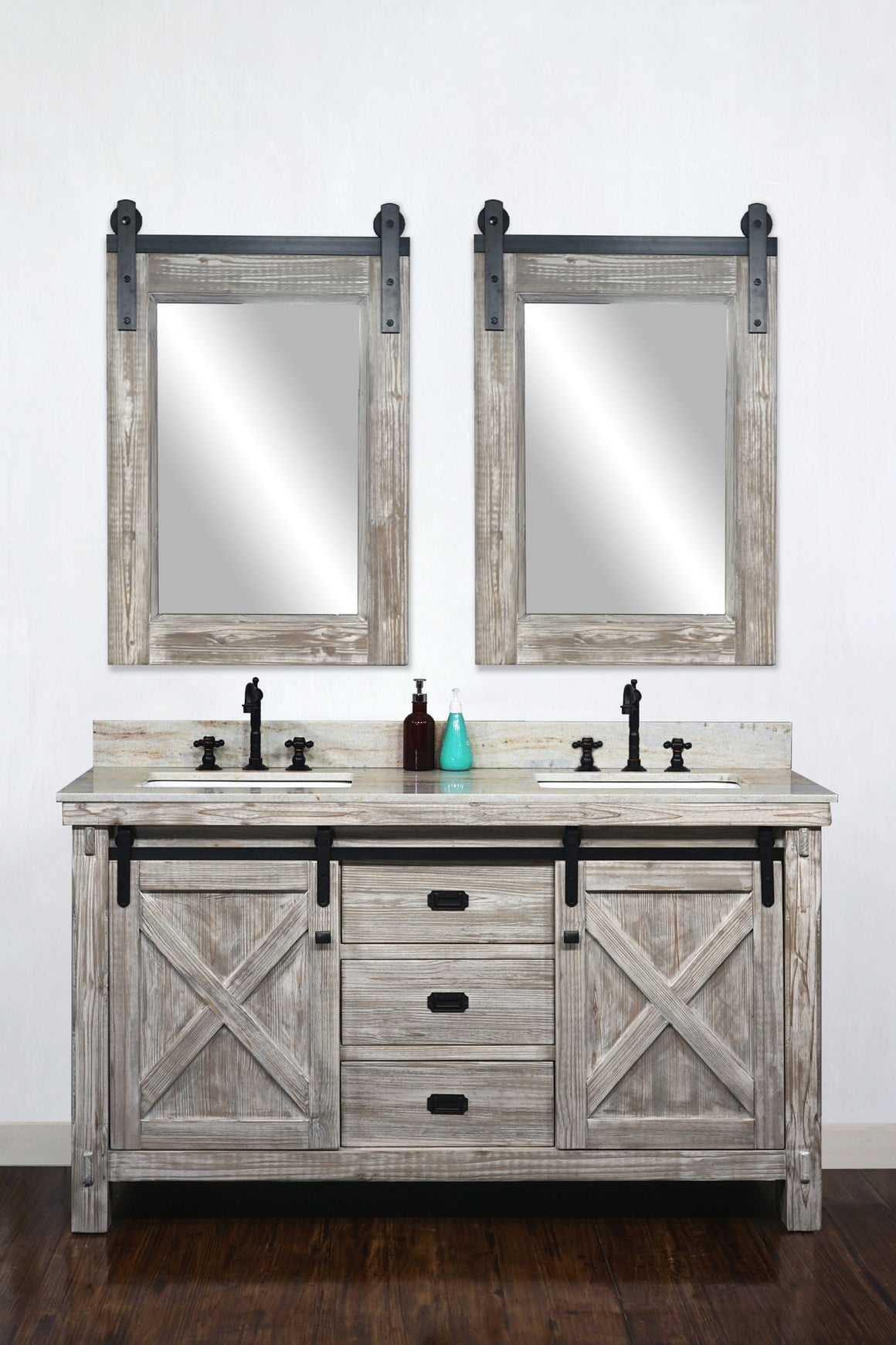 60"RUSTIC SOLID FIR BARN DOOR STYLE DOUBLE SINKS VANITY IN WHITE WASH WITH COASTAL SANDS MARBLE TOP WITH RECTANGULAR SINK-NO FAUCET