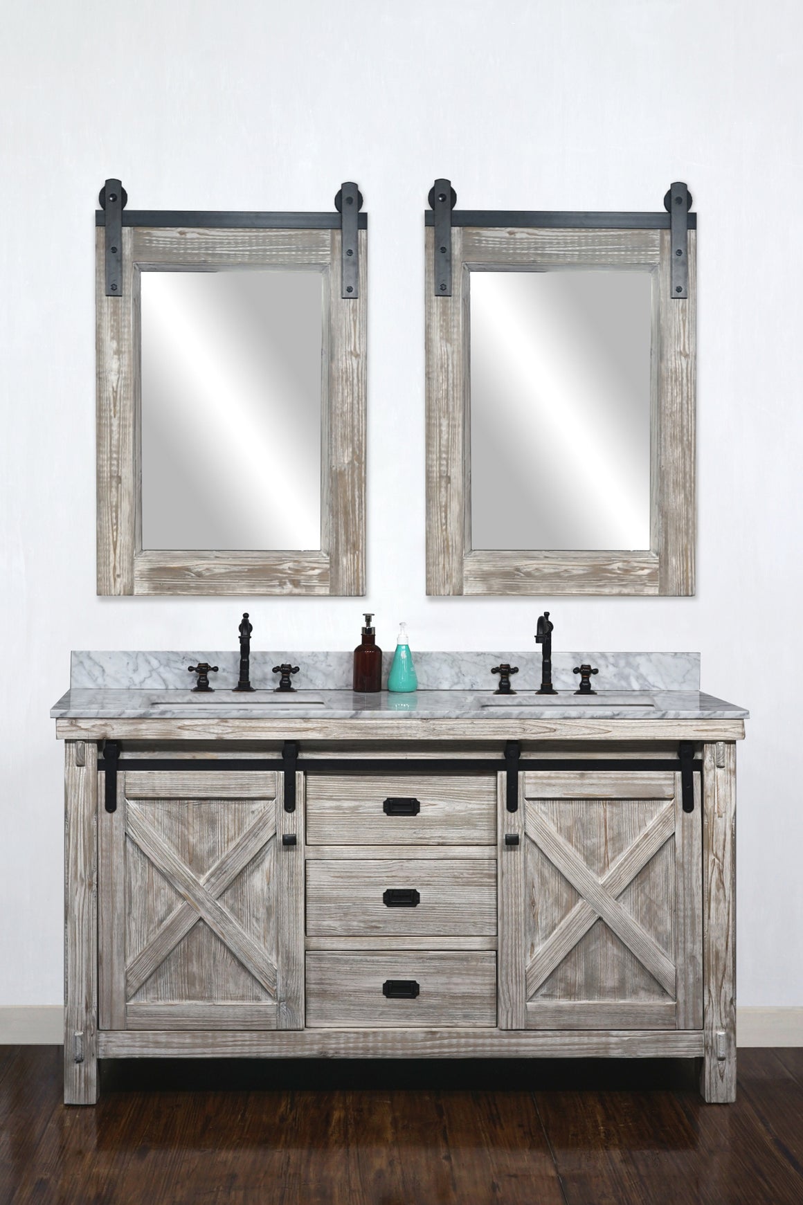 60"RUSTIC SOLID FIR BARN DOOR STYLE DOUBLE SINKS VANITY IN WHITE WASH WITH CARRARA WHITE MARBLE TOP WITH RECTANGULAR SINK-NO FAUCET