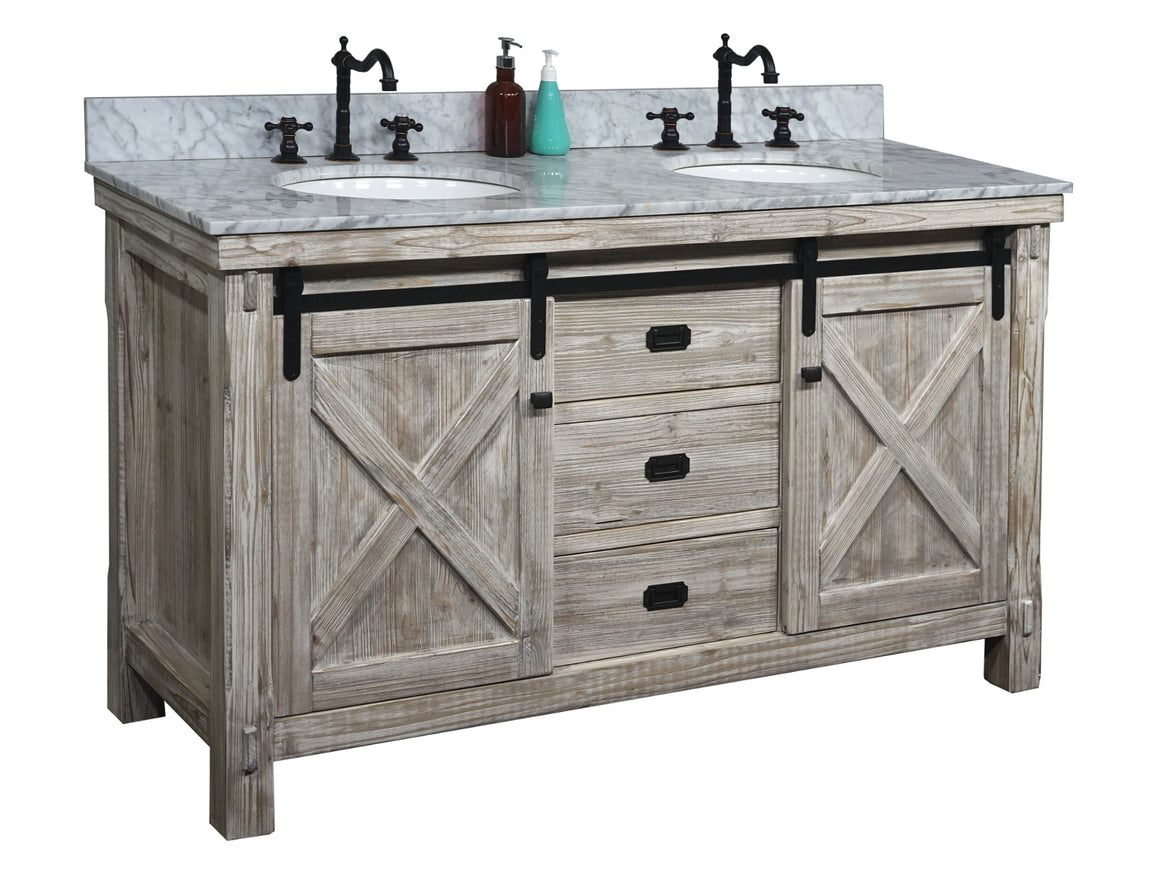 60"RUSTIC SOLID FIR BARN DOOR STYLE DOUBLE SINKS VANITY IN WHITE WASH WITH CARRARA WHITE MARBLE TOP-NO FAUCET